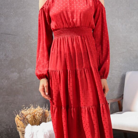 LUMIERE Red Cold Shoulder Tiered Midi Dress Long Sleeve Smocked Waist Boutique - Picture 6 of 6